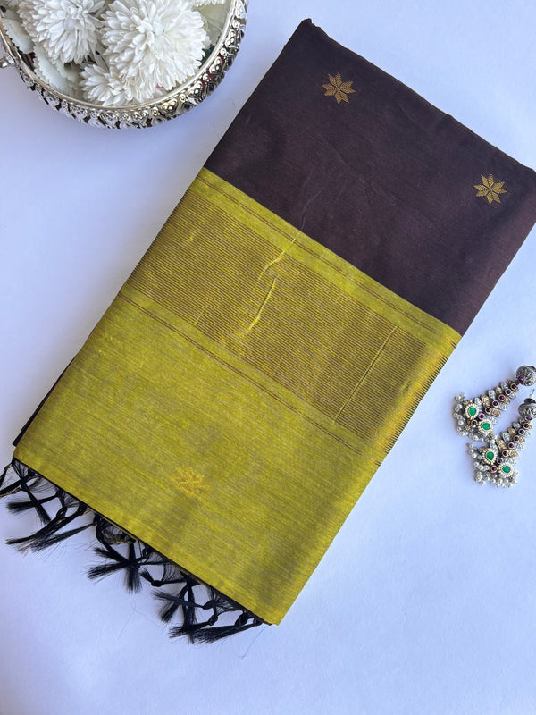 Maheshwari - Brown/Green Maheshwari Silk- Cotton Saree