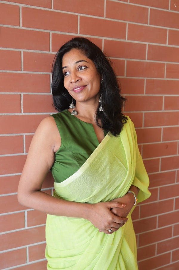 Ilai- Plain Lemon Green Mul Cotton Saree