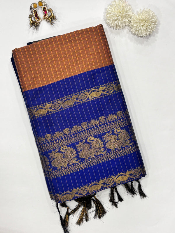 Sevanthi- Brown/Blue Kalyani Cotton Checks Saree