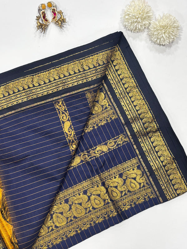 Sevanthi- Mustard/Blue Kalyani Cotton Checks Saree