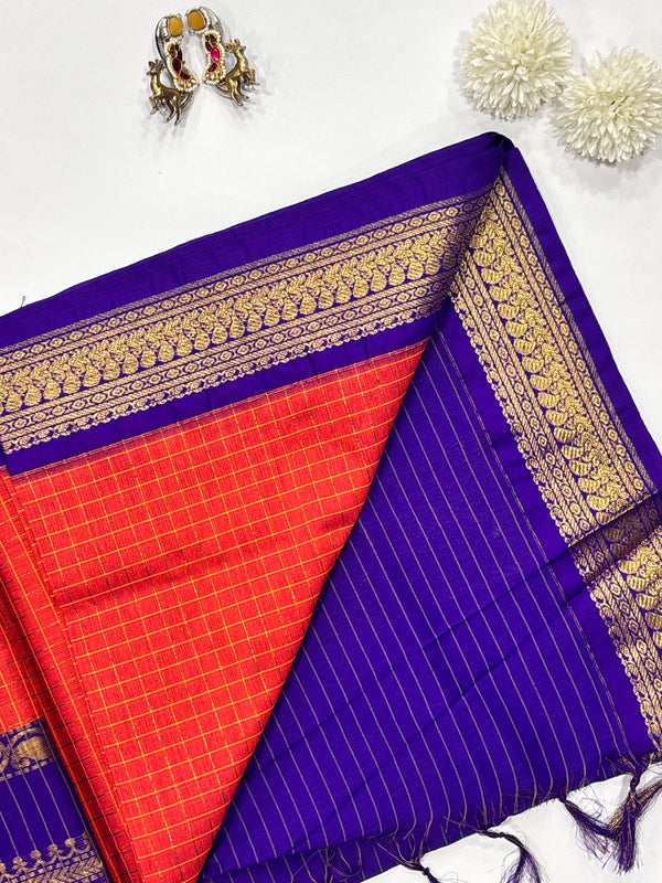 Sevanthi- Orange/Blue Kalyani Cotton Checks Saree