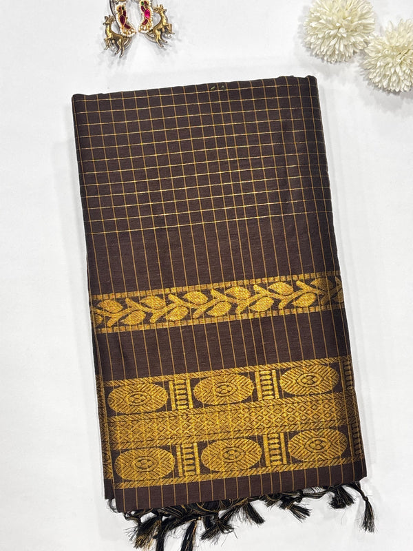 Sevanthi- Brown Kalyani Cotton Checks Saree
