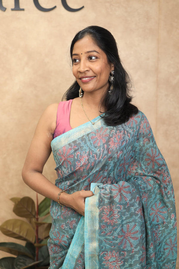 Kesariya- Blue Maheshwari Silk- Cotton Saree