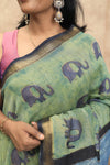 Kesariya- Green Elephant Maheshwari Silk- Cotton Saree