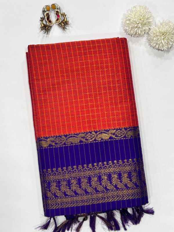 Sevanthi- Orange/Blue Kalyani Cotton Checks Saree