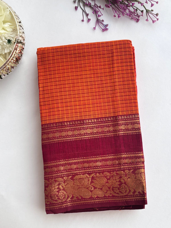 Kalaivani - Orange Checks Kanchi Cotton Saree