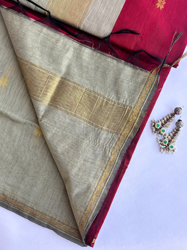 Maheshwari - Maroon/Beige Maheshwari Silk- Cotton Saree