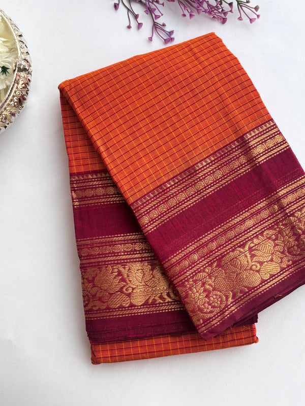 Kalaivani - Orange Checks Kanchi Cotton Saree