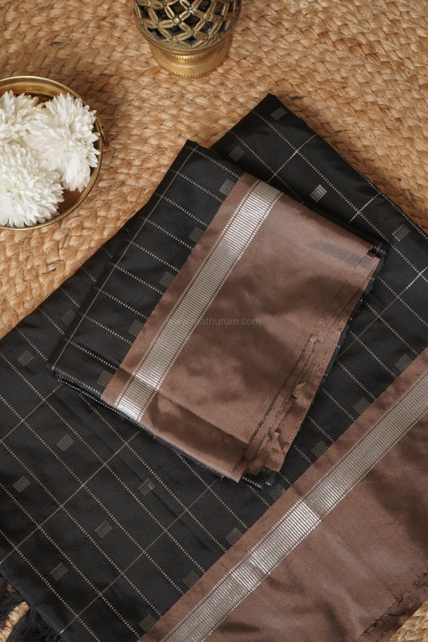 Maya Black Semi-Silk - Silver Checks Saree