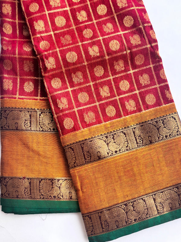 Annam - Maroon Checks Kanchi Cotton Saree
