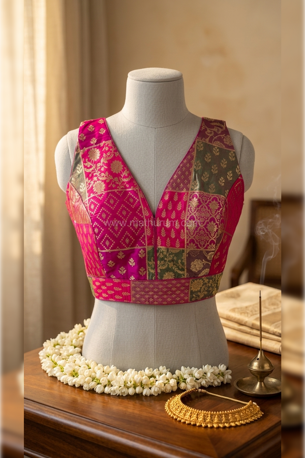Meenakari- Multicolour Pink Blouse (Attachable Sleeves)