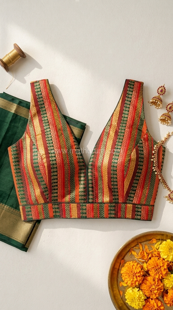 Tharigai- Green Blouse (Attachable Sleeves)