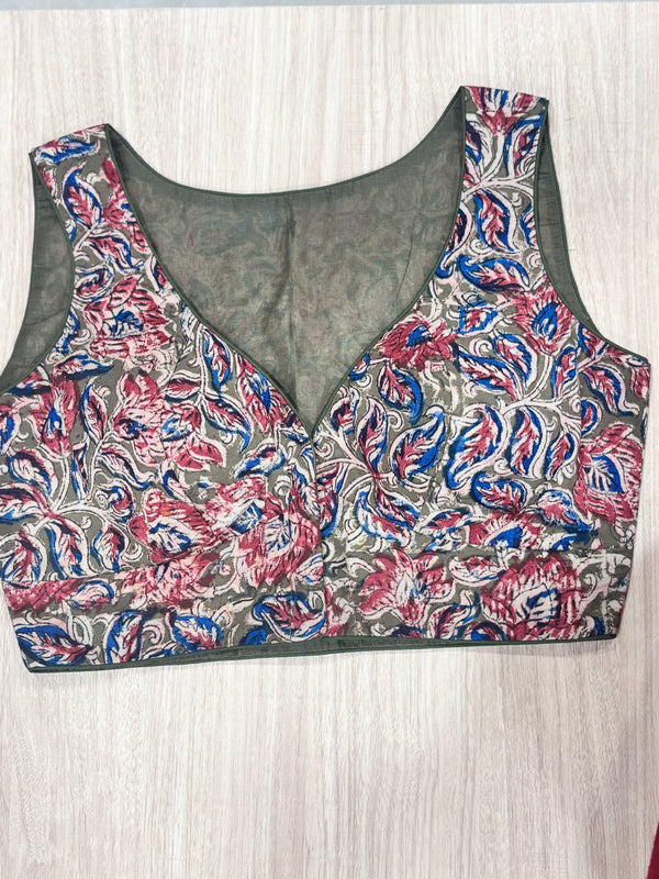 Hemanika- Mehendi Green/Pink Blouse (Sleeveless)