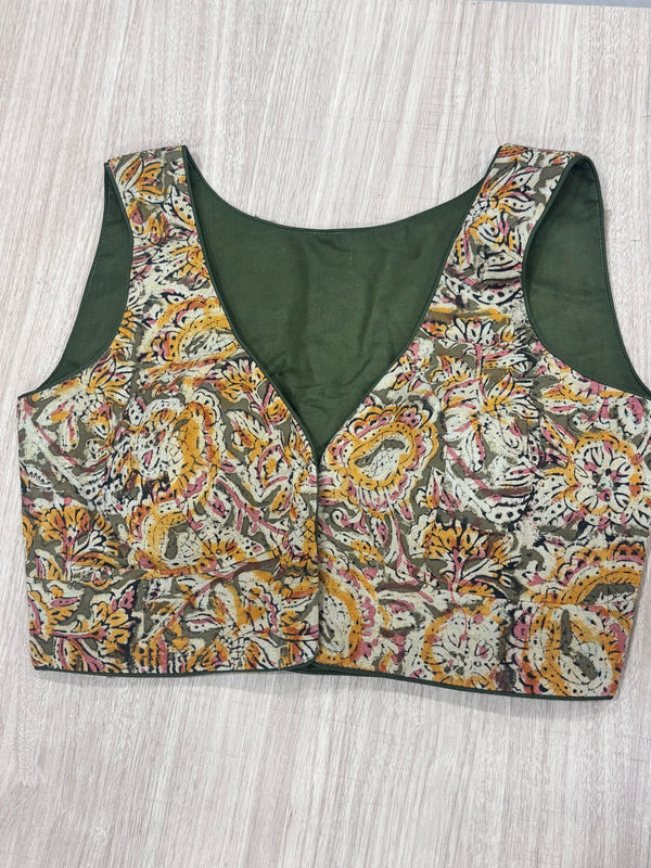 Hemanika- Mehendi Green/Mustard Blouse (Sleeveless)