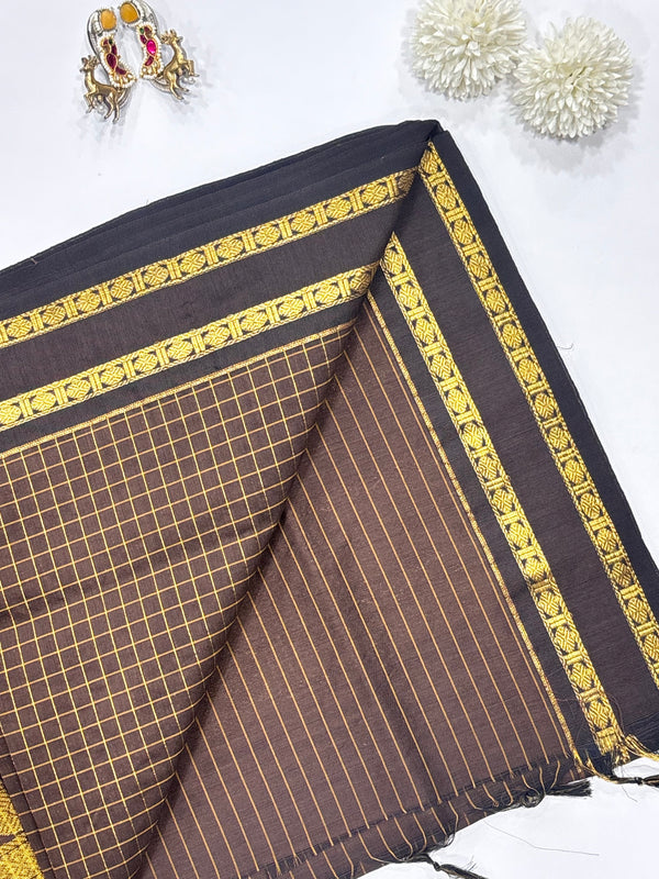 Sevanthi- Brown Kalyani Cotton Checks Saree