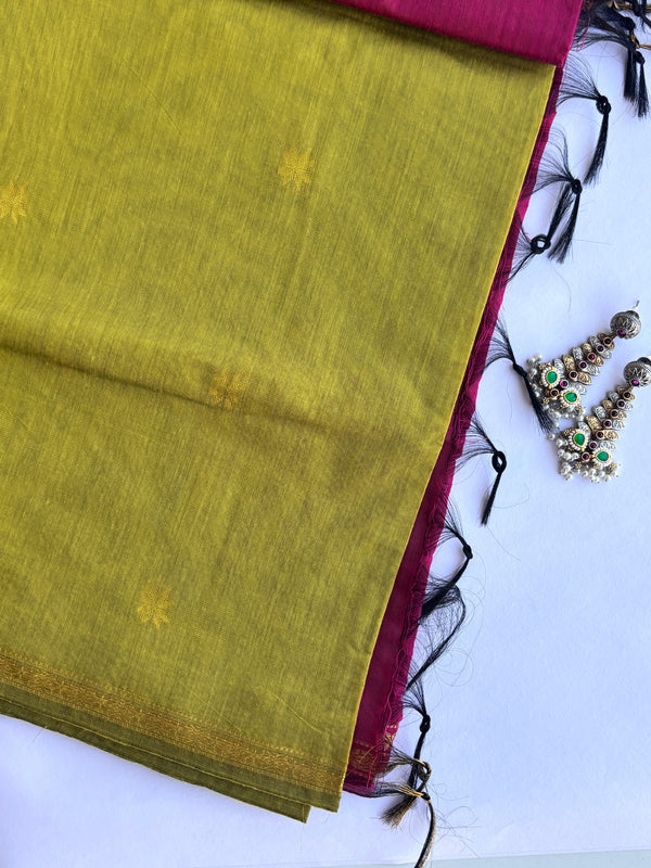 Maheshwari - Green/Pink Maheshwari Silk- Cotton Saree