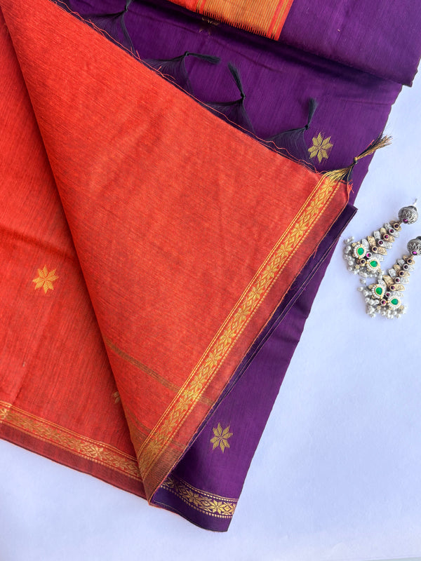Maheshwari - Purple/Orange Maheshwari Silk- Cotton Saree