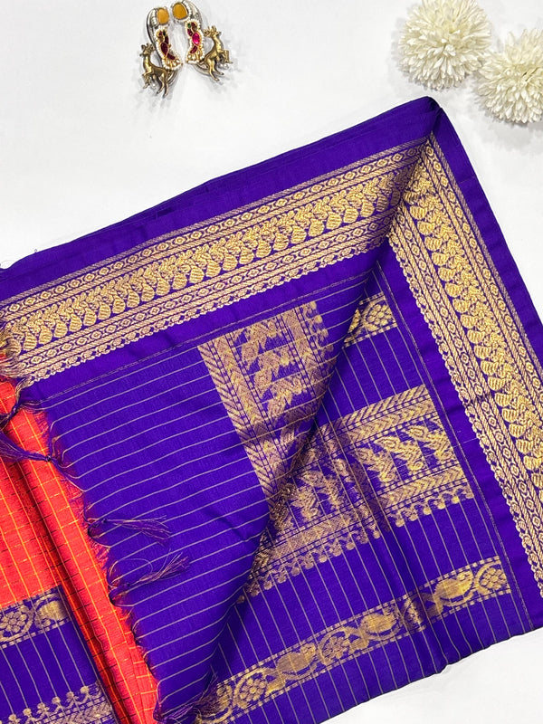 Sevanthi- Orange/Blue Kalyani Cotton Checks Saree
