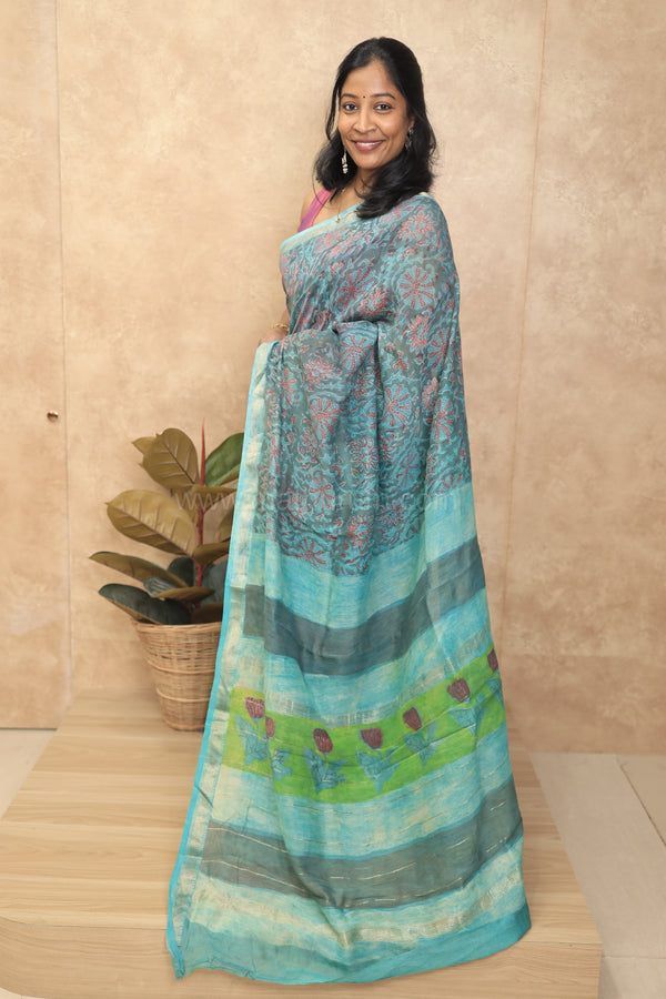 Kesariya- Blue Maheshwari Silk- Cotton Saree