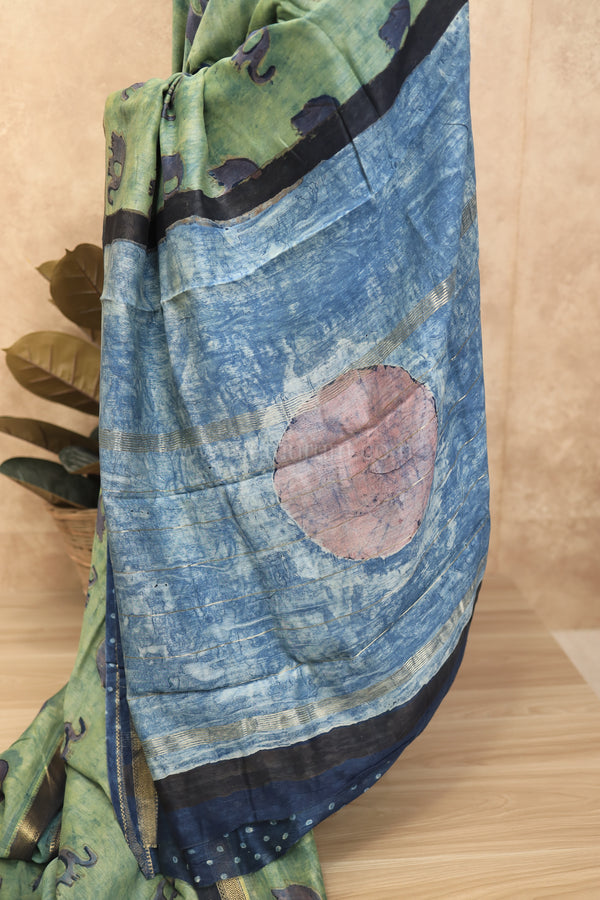 Kesariya- Green Elephant Maheshwari Silk- Cotton Saree