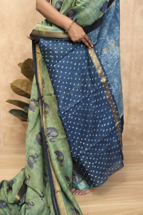Kesariya- Green Elephant Maheshwari Silk- Cotton Saree