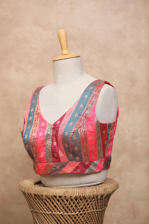 Valli- Multicolour Pink Blouse (Attachable Sleeves)
