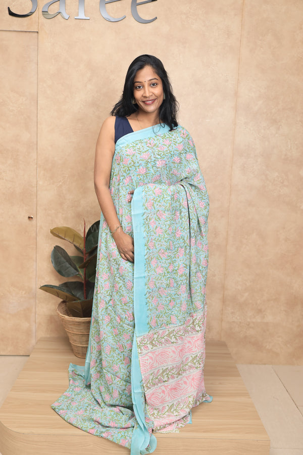 Gulmohar- Sky Blue Georgette Saree