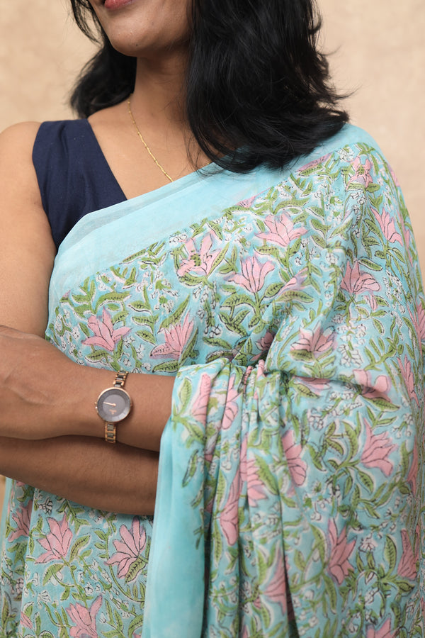 Gulmohar- Sky Blue Georgette Saree