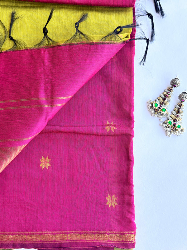 Maheshwari - Green/Pink Maheshwari Silk- Cotton Saree