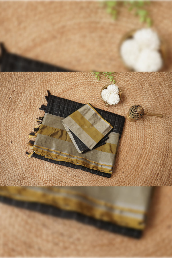 Maya Semi-Silk Silver Checks Double Border Saree