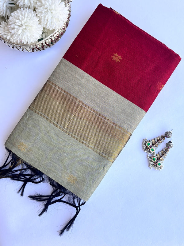Maheshwari - Maroon/Beige Maheshwari Silk- Cotton Saree