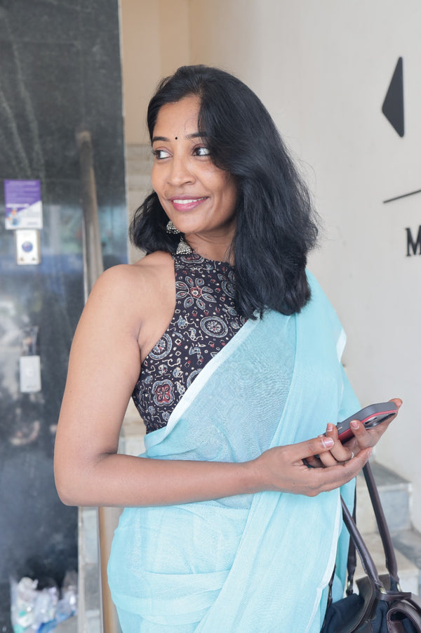 Ilai- Plain Sky Blue Mul Cotton Saree