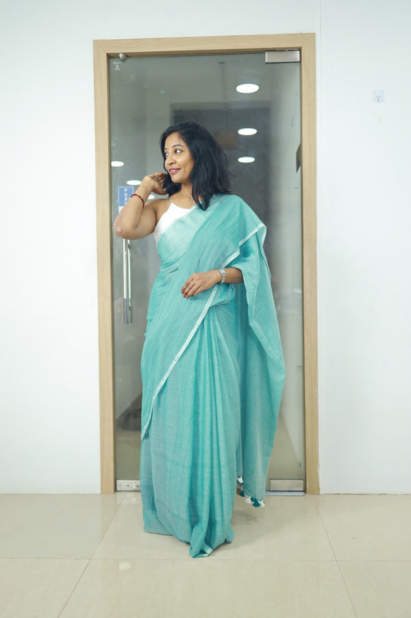 Ilai- Plain Sea Green Mul Cotton Saree