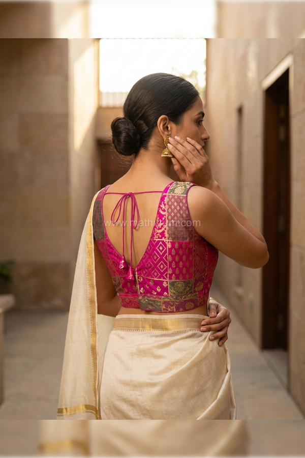 Meenakari- Multicolour Pink Blouse (Attachable Sleeves)